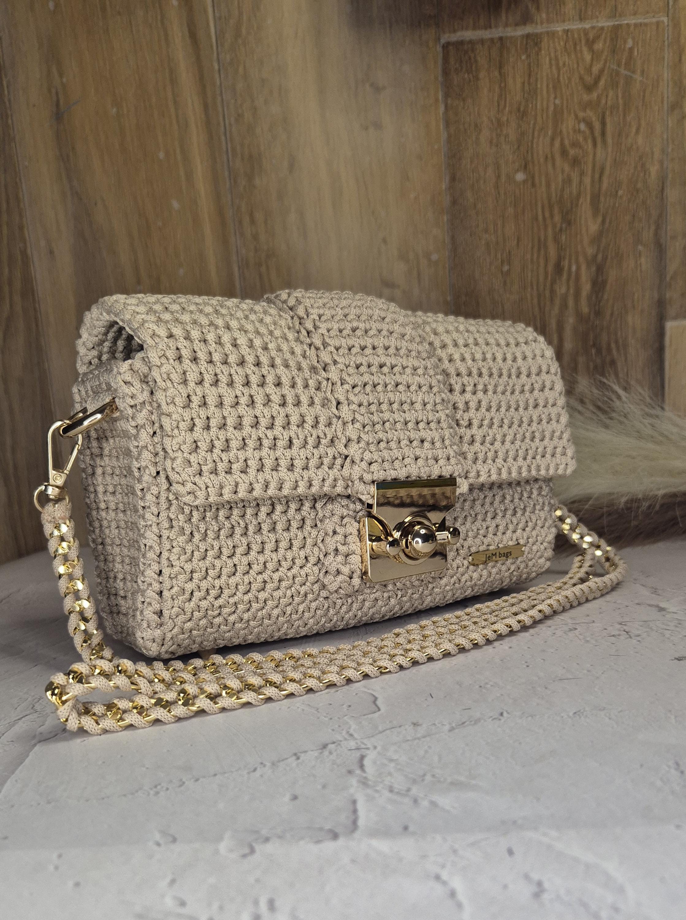 Handmade Crochet Shoulder Bag with Gold Hardware, Boho Crossbody Purse.