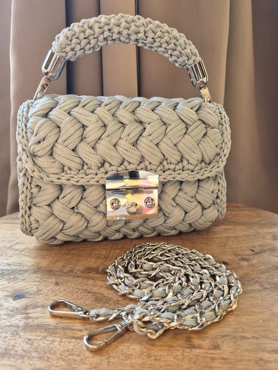 Crochet Knit Handbag: Light Gray Boho Purse With Chain Strap - Etsy