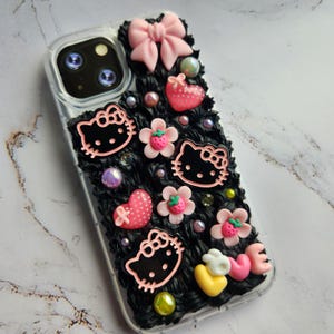 Pop and Cute Kitty Phone Case, Kawaii Decoden Case, Black and Pink phone case, Pastel Phone Case, iPhone 15