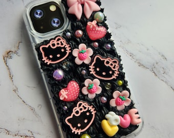 Funda para teléfono con gatito adorable y pop, funda Kawaii Decoden, funda para teléfono negra y rosa, funda para teléfono en colores pastel, iPhone 15