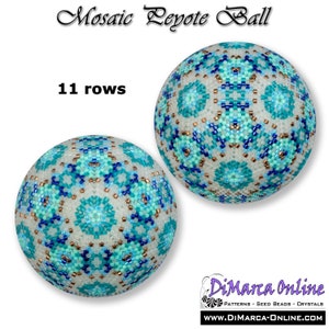 May include: A blue and white mosaic peyote ball with 11 rows. The ball is made with seed beads and has a geometric pattern.