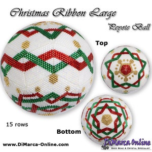 May include: A beaded Christmas ornament in the shape of a ball with a red, green, and gold ribbon design. The ornament is 15 rows tall and is made using the peyote stitch. The ornament is shown from the top, bottom, and side.