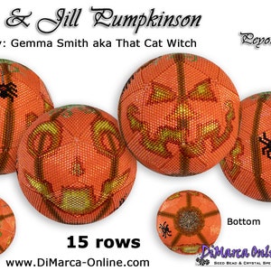 May include: A close-up of five orange and yellow beaded pumpkin-shaped ornaments. The ornaments are decorated with black spider webs and spiders. The text "Jack & Jill Pumpkinson" and "Peyote Ball" is visible in the image. The text "Design by: Gemma Smith aka That Cat Witch" is also visible. The text "Top" and "Bottom" are visible in the image. The text "15 rows" is visible in the image. The text "www.DiMarca-Online.com" is visible in the image.