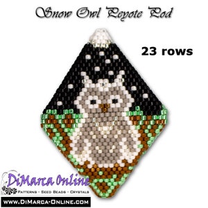 May include: A beaded snow owl design in a diamond shape with 23 rows. The owl is white with black eyes and is sitting on a branch with green leaves. The background is black with white dots.