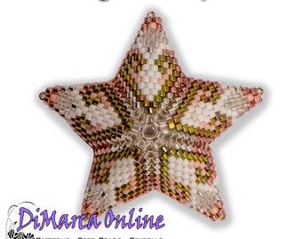 May include: A beaded star ornament with a pink, white, and green color scheme. The star is made of seed beads and has a 10-row design. The star is a Christmas flower 5 peyote star.