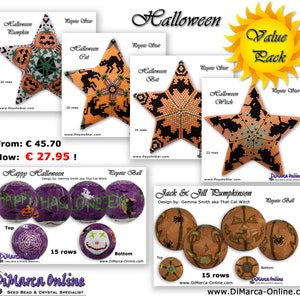 May include: A Halloween value pack of beading patterns featuring five different star-shaped designs with various Halloween themes, including pumpkins, cats, bats, and witches. The patterns are designed for peyote stitch and include instructions for creating a 3D ball with a Halloween theme.