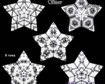 May include: Five white and gray star-shaped beaded ornaments with a black background. The text "Bicone Mini Stars" is at the top of the image. The text "Peyote Star" is at the bottom of the image.