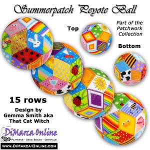 May include: A colorful beaded ball with a patchwork design. The ball is made up of 15 rows of beads and is part of the Patchwork Collection. The design is by Gemma Smith aka That Cat Witch.
