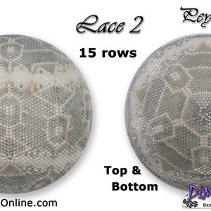 May include: Two beaded peyote stitch balls, one with a lace pattern and the other with a geometric pattern. The lace ball has 15 rows. The text "Lace 2" and "15 rows" is above the lace ball. The text "Peyote Ball" is above the geometric ball. The text "Top & Bottom" is below the balls. The text "DiMarca Online" is below the geometric ball. The text "www.DiMarca-Online.com" is below the lace ball.