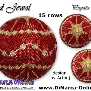 May include: Red and gold beaded ornament, a peyote ball, with a starburst design. The ornament is 15 rows tall. The image shows the ornament from the front, top, and bottom.