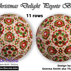 May include: A beaded Christmas ornament in the shape of a ball with a red, green, gold, and white geometric pattern. The ornament is made with 11 rows of beads and is called "Christmas Delight Leyote Ball".
