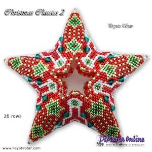 Puede incluir: Un adorno de estrella de cuentas rojas, verdes, doradas y blancas con 20 filas. La estrella es un diseño de punto de peyote y es un clásico navideño.