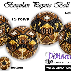 May include: A brown, black, and white beaded ball with a geometric pattern. The ball is made of seed beads and has 15 rows. The ball is called a "Bogolan Leyote Ball" and is designed by Artodj.