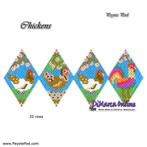 Peut inclure: Un modèle de perlage pour un projet de point de peyote représentant trois poulets. Le modèle s'appelle "Chickens" et compte 22 rangs. Le modèle est de Peyote Pod.