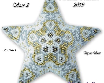 May include: A white, gold, and silver beaded star ornament with a geometric pattern. The star is 20 rows and is part of a Christmas collection from 2019. The text "Star 2" and "Peyote Star" are visible in the image.