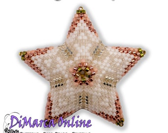 May include: A white star-shaped beaded ornament with pink and gold accents. The ornament is 10 rows of beads and has a delicate, floral design. The ornament is labeled "Christmas Flowers | Peyote Star" and "DiMarca Online".