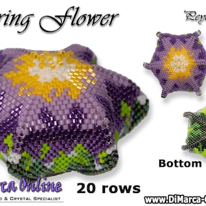 May include: A purple, yellow and green beaded flower with a white centre. The flower is made using the peyote stitch and is 20 rows tall. The image shows the flower from the top, bottom and side. The text "Spring Flower" and "Leyote Pod" are visible in the image.