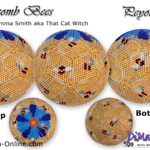 Op de afbeelding: Een close-up van een peyote-bal met een kralenpatroon van honingraat en bijen, met de tekst "Honeycomb Bees" en "Leyote Ball". Het ontwerp is van Gemma Smith aka That Cat Witch. De bal heeft 11 rijen en is verkrijgbaar op www.DiMarca-Online.com.