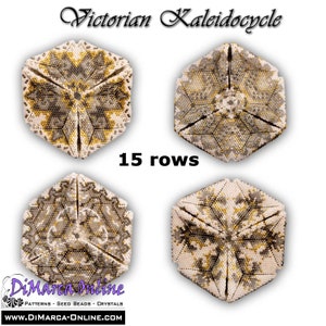 May include: Four close-up images of a beaded, hexagonal, white, gold, and gray Victorian Kaleidoscope with 15 rows. The image includes the text "Victorian Kaleidoscope" and "15 rows".