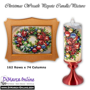 May include: A beaded Christmas wreath design in a gold frame. The design is also on a candle with a red base. The text on the image reads "Christmas Wreath Leyote Candle/Picture 162 Rows x 74 Columns DiMarca Online PATTERNS - SEED BEADS - CRYSTALS WWW.DIMARCA-ONLINE.COM"