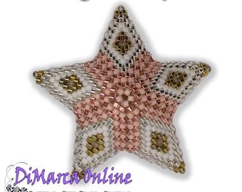 May include: A pink, white, and gold beaded star ornament with the text "Christmas Flowers 3 Peyote Star" and "10 rows" on a white background.