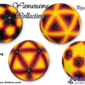 May include: Four beaded Peyote balls in a Yawanawa Collection. The balls are yellow, orange, red, and black. The balls are 11 rows tall. The text "Peyote Ball" and "Yawanawa Collection" are visible in the image.
