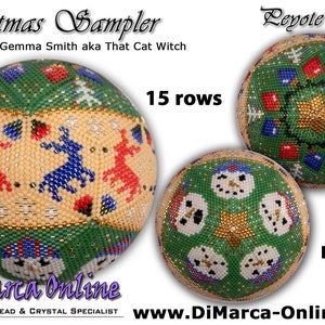 May include: A Christmas Sampler Peyote Ball design featuring three beaded spheres. One sphere has reindeer, another has gift boxes, and the third has snowmen. The design includes the text "Christmas Sampler" and "Leyote Ball".