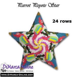 May include: A colorful beaded star with a parrot design. The star is made with seed beads in shades of blue, green, yellow, pink, and white. The star has 24 rows and is a peyote stitch pattern. The text "Parrot Peyote Star" and "24 rows" is visible in the image.