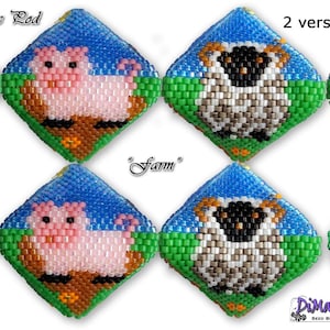 May include: Two versions of bead patterns for a cow, pig, sheep, tractor, and barn. Each pattern is 20 rows and features a blue sky, green grass, and yellow flowers. The text "Peyote Bead" and "Farm" are included in the image.