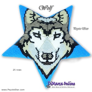 May include: A blue peyote star with a wolf face beaded design. The star is 25 rows and has the text "Wolf" and "Peyote Star" on it. The text "DiMarca Online Seed Bead & Crystal Specialist" and "www.PeyoteStar.com" are also on the image.