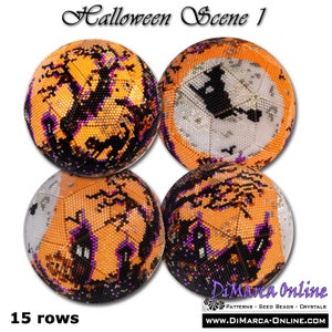 May include: Four spherical Halloween-themed beadwork designs. Each sphere features orange, black, and purple beadwork, depicting a haunted house, a witch on a broom, and a spooky tree. The text "Halloween Scene 1" and "15 rows" are visible.