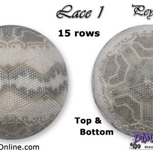 May include: Two close-up images of a gray and white peyote stitch bead ball. The first image shows the top of the ball with 15 rows of beads. The second image shows the bottom of the ball. The text "Lace 1" and "Peyote Ball" is above the images. The text "15 rows" is below the first image. The text "Top & Bottom" is below the second image.