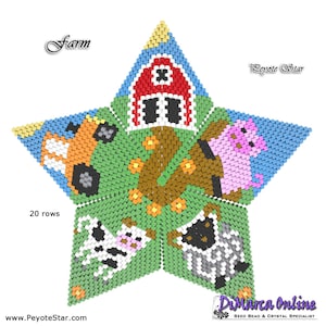 May include: A peyote star beading pattern with a farm theme. The pattern features a red barn, a tractor, a pig, a cow, and a sheep. The pattern is 20 rows long. The text "Farm" and "Peyote Star" are included in the image.