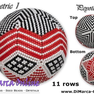 May include: A red, white and black beaded ball with a geometric pattern. The ball is made of 11 rows of beads and is called a "Leyote Ball".