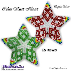 May include: Two star-shaped ornaments with Celtic knot designs. One is red and white, the other green and white, both with gold accents. The edges are trimmed with rainbow colors. Text on the image reads "Celtic Knot Heart", "Peyote Star", and "19 rows".