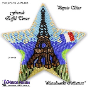 May include: A beaded star-shaped craft project depicting the Eiffel Tower in Paris, France. The star is made with seed beads in shades of blue, green, gold, brown, and black. The project is 25 rows and is part of a "Landmarks Collection".