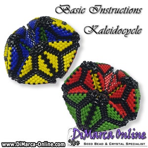 Op de afbeelding: Twee kaleidoscoop kralenpatronen, een in zwart, geel, blauw en groen, en de andere in zwart, rood en groen. De afbeelding bevat de tekst "Basic Instructions Kaleidocycle" en "DiMarca Online Seed Bead & Crystal Specialist".