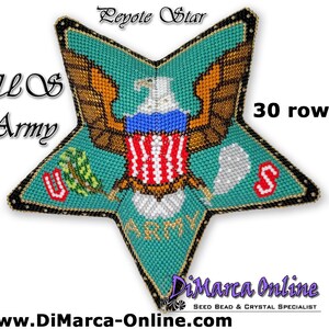Puede incluir: Un adorno de estrella de cuentas con un fondo verde y una imagen de cuentas del emblema del ejército de los EE. UU. El emblema presenta un águila calva con un escudo y ramas de olivo. El texto "US Army" y "30 rows" también se incluye en la imagen.