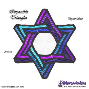 Peut inclure: Un motif de broderie en peyote coloré pour une étoile à six branches, appelé "Triangles impossibles". Le motif comporte 20 rangées et présente un centre blanc avec une bordure bleue, violette et rose. Le texte "Peyote Star" est dans le coin supérieur droit de l'image.