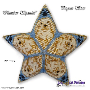 May include: A blue and gold peyote star beading pattern featuring a Clumber Spaniel dog. The pattern is 27 rows long and is titled "Clumber Spaniel" with the text "Peyote Star" in the upper right corner. The pattern is available on the website www.PeyoteStar.com.