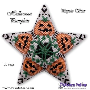 May include: A white, black, green and orange beaded star with five points. The star is made using the peyote stitch and features a Halloween pumpkin design. The text "Halloween Pumpkin" and "Peyote Star" are visible in the image. The text "20 rows" is also visible in the image. The text "www.PeyoteStar.com" is visible in the image.
