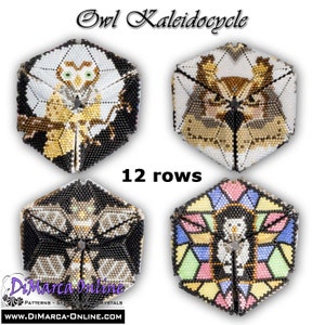 May include: Four different beading patterns for a kaleidoscope owl design. Each pattern is a hexagon with 12 rows of beads. The patterns are in black and white, brown and white, gray and white, and colorful.