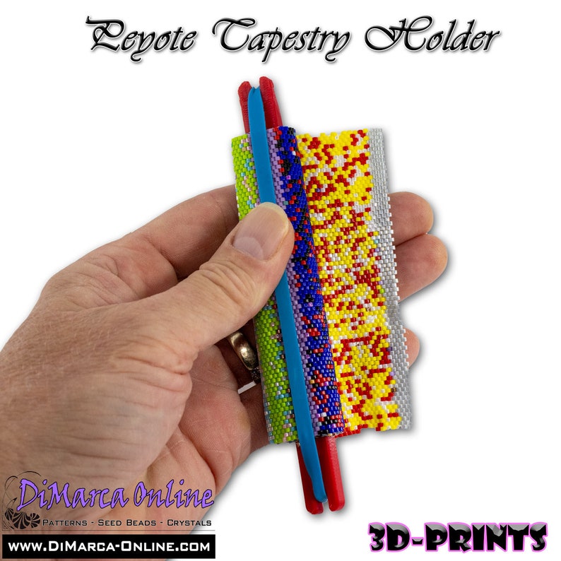 May include: A close-up of a hand holding a colorful beaded tapestry holder. The holder is made of red, blue, green, and yellow beads. The text "3D-PRINTS" is visible in the lower right corner of the image.