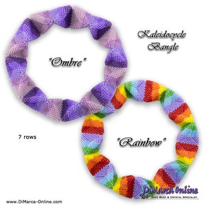 May include: Two beaded bracelets, one in ombre purple and one in rainbow colours, are shown in a close-up view. Both bracelets are made with seed beads and are 7 rows wide. The bracelets are called "Kaleidocycle Bangles" and are labelled "Ombre" and "Rainbow".