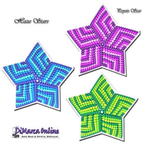 May include: Three beaded star shapes in different color combinations. The stars are made with seed beads in shades of blue, green, and purple. The text "Haze Stars" and "Royale Star" are visible in the image.