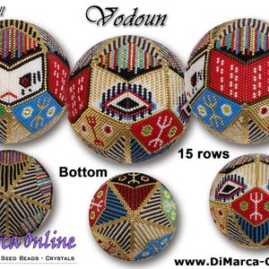 May include: A beaded peyote ball with a geometric design in red, blue, green, gold, and black. The ball is 15 rows and has a Vodoun theme. The text "Peyote Ball" and "Vodoun" are visible in the image.