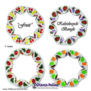 May include: Four white beaded bracelets with different fruit designs. The bracelets are made with seed beads and are 7 rows wide. The designs include strawberries, bananas, grapes, and lemons. The bracelets are called "Fruit" and "Kaleidocycle Bangle".