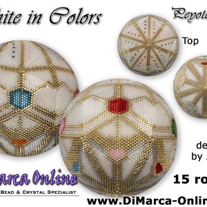 May include: White beaded ball with gold accents and colourful beads. The ball is made of 15 rows of beads and is a Leyote ball design by Artodj. The image shows the top and bottom of the ball.