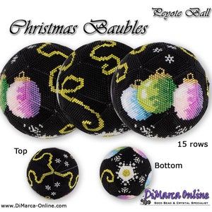 May include: A black beaded Christmas bauble with gold and white accents. The bauble is shaped like a ball and features a design of Christmas baubles. The bauble is made using the peyote stitch and is 15 rows tall. The text "Christmas Baubles" and "Peyote Ball" is visible in the image.