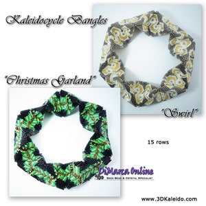 May include: Two beaded bracelets, one with a green and black Christmas garland design and the other with a swirl pattern in gold, white, and gray. The bracelets are 15 rows long and are called "Kaleidocycle Bangles".